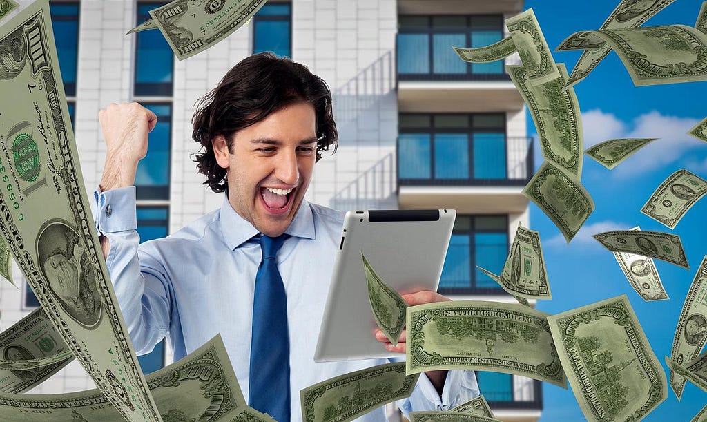 A man walking with his fist in the air, as he cebrates while looking at a clipboard. All while dollar notes are floating around him and a building is behind him.