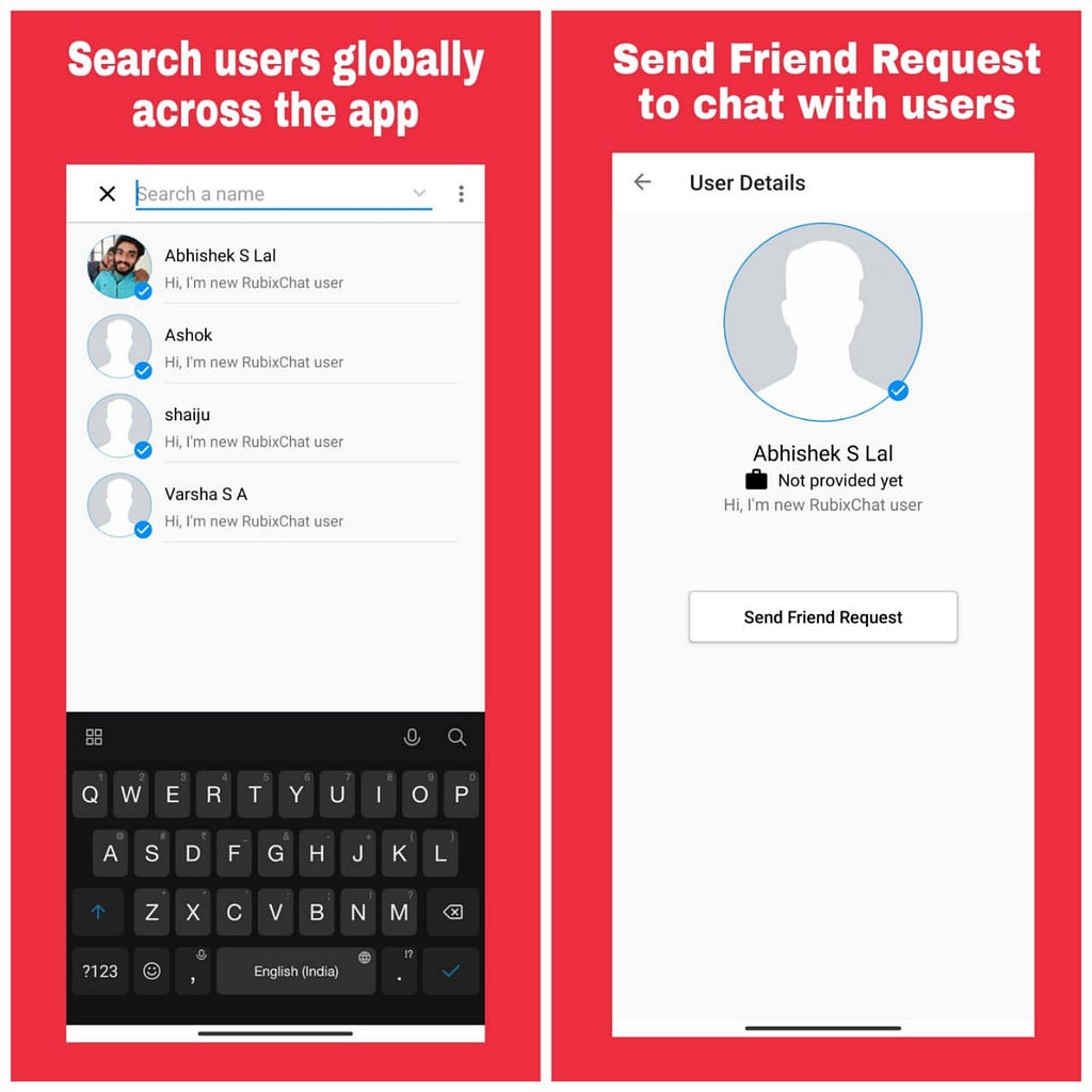 Screenshots of search and user profile screen