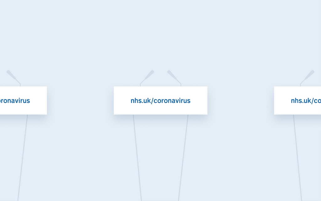 An illustration of a podium placard reads “nhs.uk/coronavirus” in blue text on a white background.