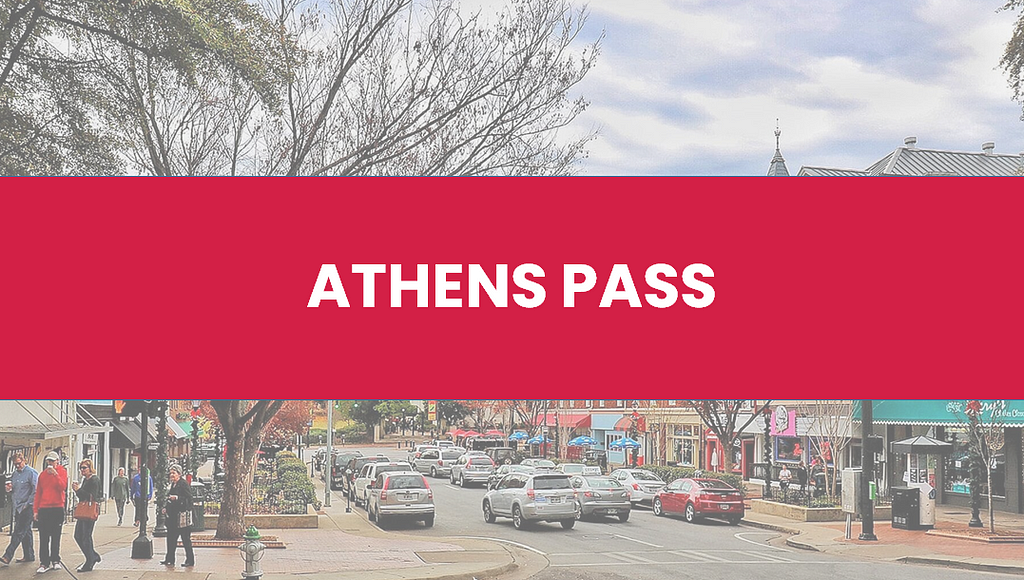 Transparent image of downtown Athens with text overlay “Athens Pass”