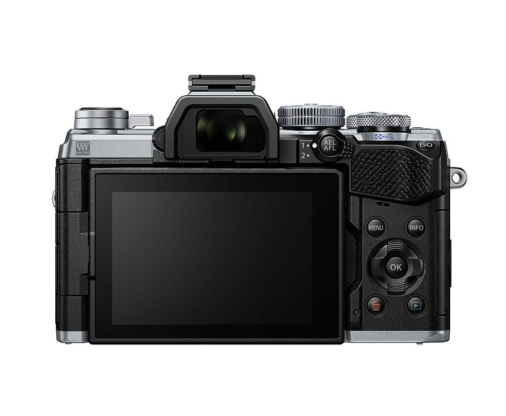 Back LCD screen on Olympus camera (OM-D E-M5 Mark III) in a switched off state.