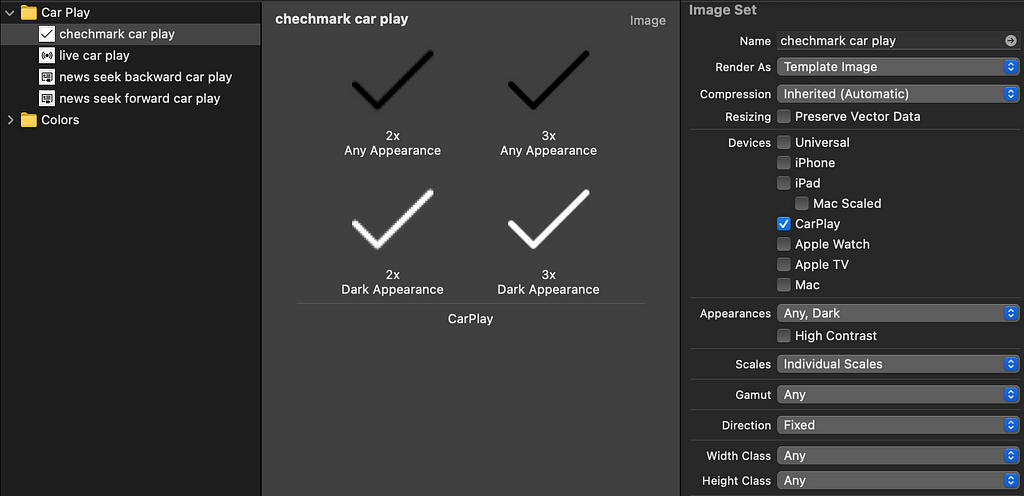 Xcode screenshot of a CarPlay image asset with 2x and 3x, light and dark mode images