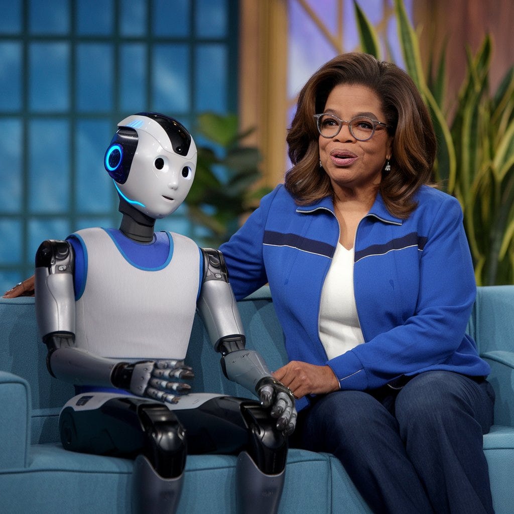 ai robot sitting next to oprah winfrey on her talk show