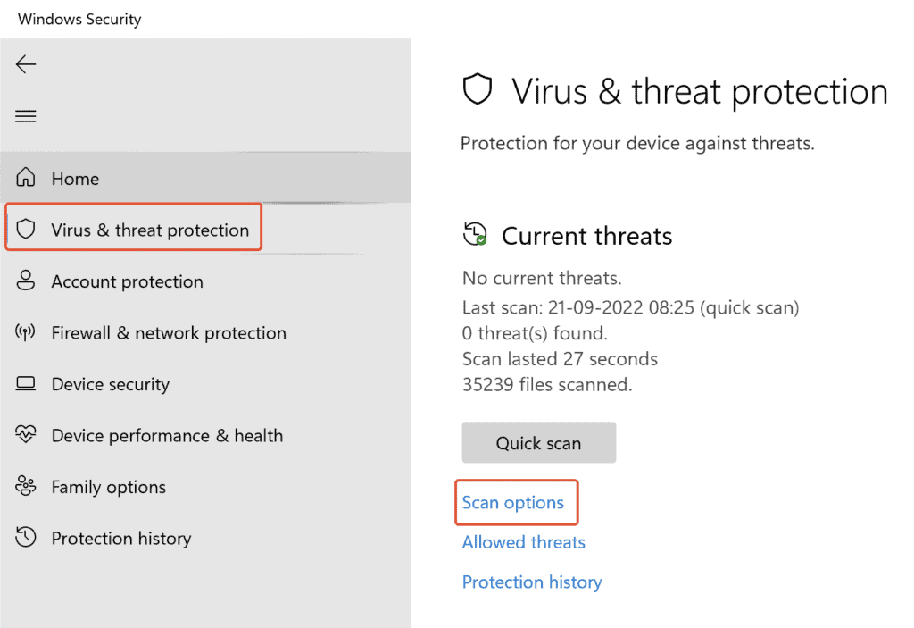 Select ‘Virus & threat protection’. Click on ‘Scan options’