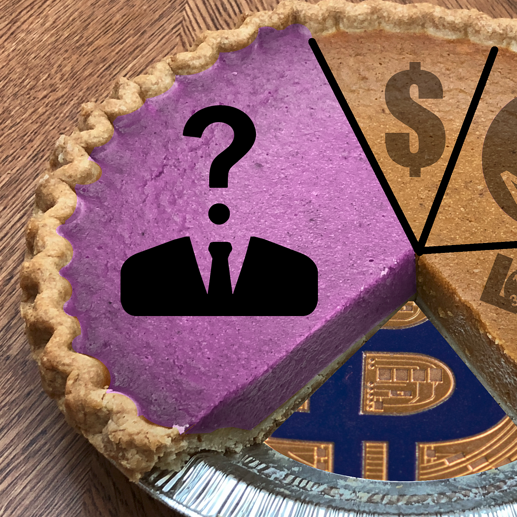 A pumpkin pie with a slice missing. The pie has been overlaid with a pie-chart, in which the pieces are labelled with an icon of a confused businessman, a dollar sign, a circle with the word “NEW!” in the middle, and a “lotto” logo. The tin beneath the missing slice reveals a section of a glittering Bitcoin.