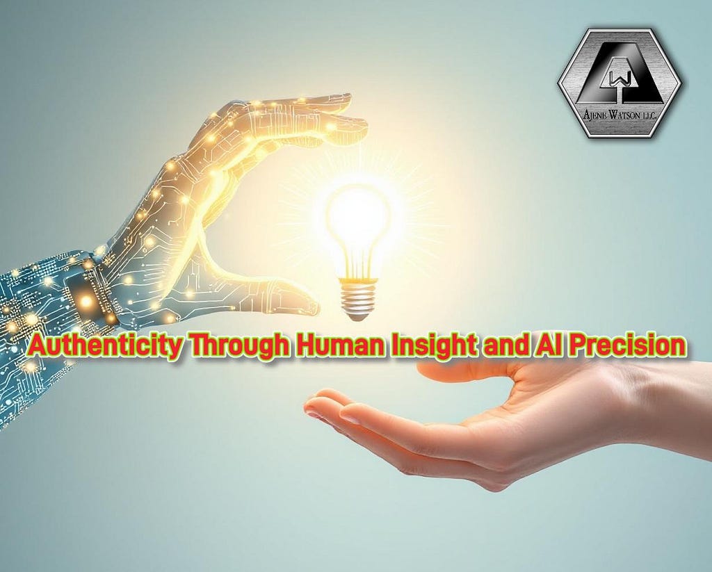 A high-resolution digital image depicting a circuit-patterned AI hand passing a glowing lightbulb — representing an idea — to a realistic human hand. The scene emphasizes the synergy between AI’s precision and human creativity and critical thinking, with a clean, light-themed background and the AJENE WATSON, LLC logo in the top corner. Text overlay reads: ‘Authenticity Through Human Insight and AI Precision.’
