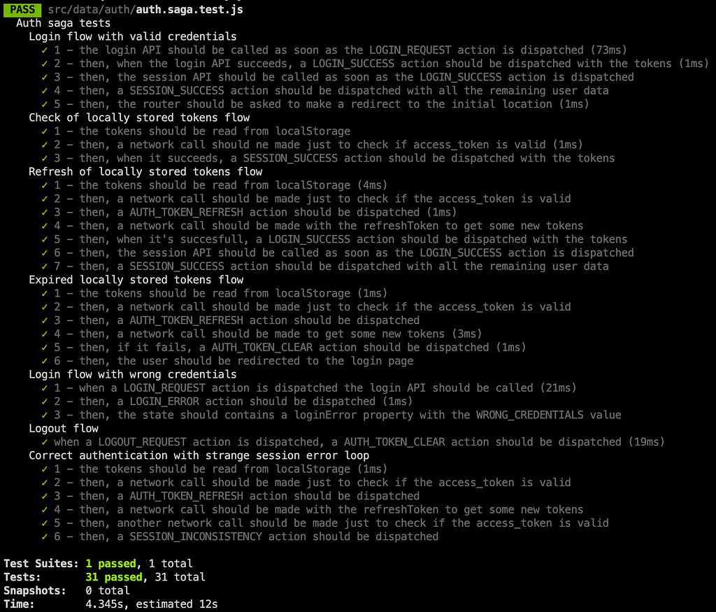 The jest output after running a series of ReduxSaga-related tests.