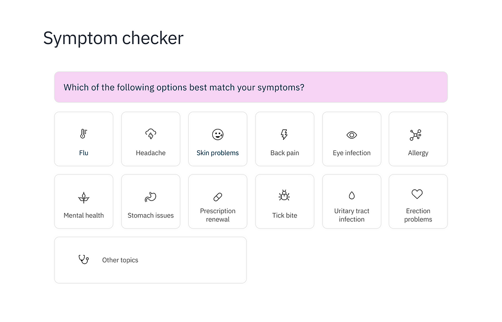 A screenshot of a hypothetical symptom checkin service, with icons that represent different symptoms, such as headache or eye infection.