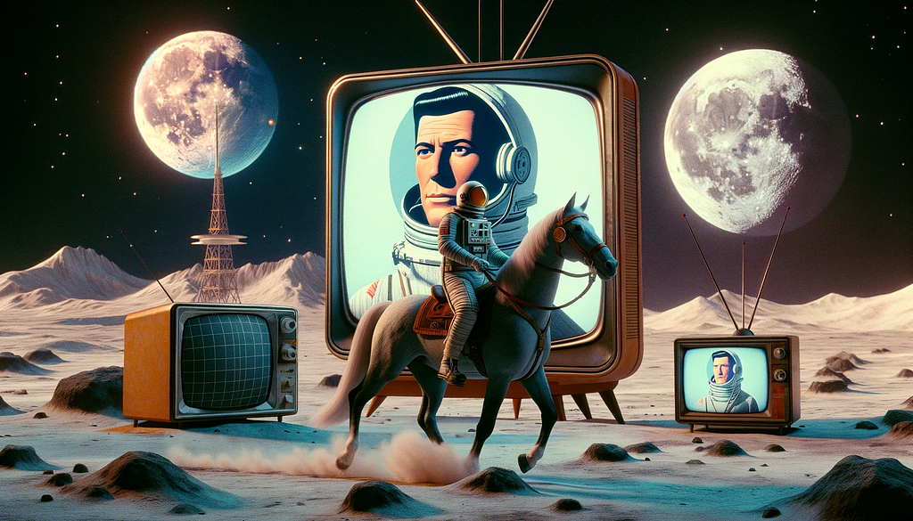 Astronaut riding a horse on the moon with old televisions in the background
