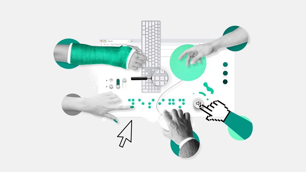 Different hands coming out of holes pointing to different objects such as a a keyboard, mouse and braille.