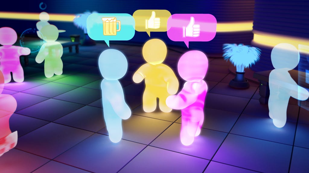 Digital image of 3 human shaped avatars, but all are featureless simple bodies. They have speech bubbles above their heads, one with a pint emoji and the other two with thumbs up emojis.