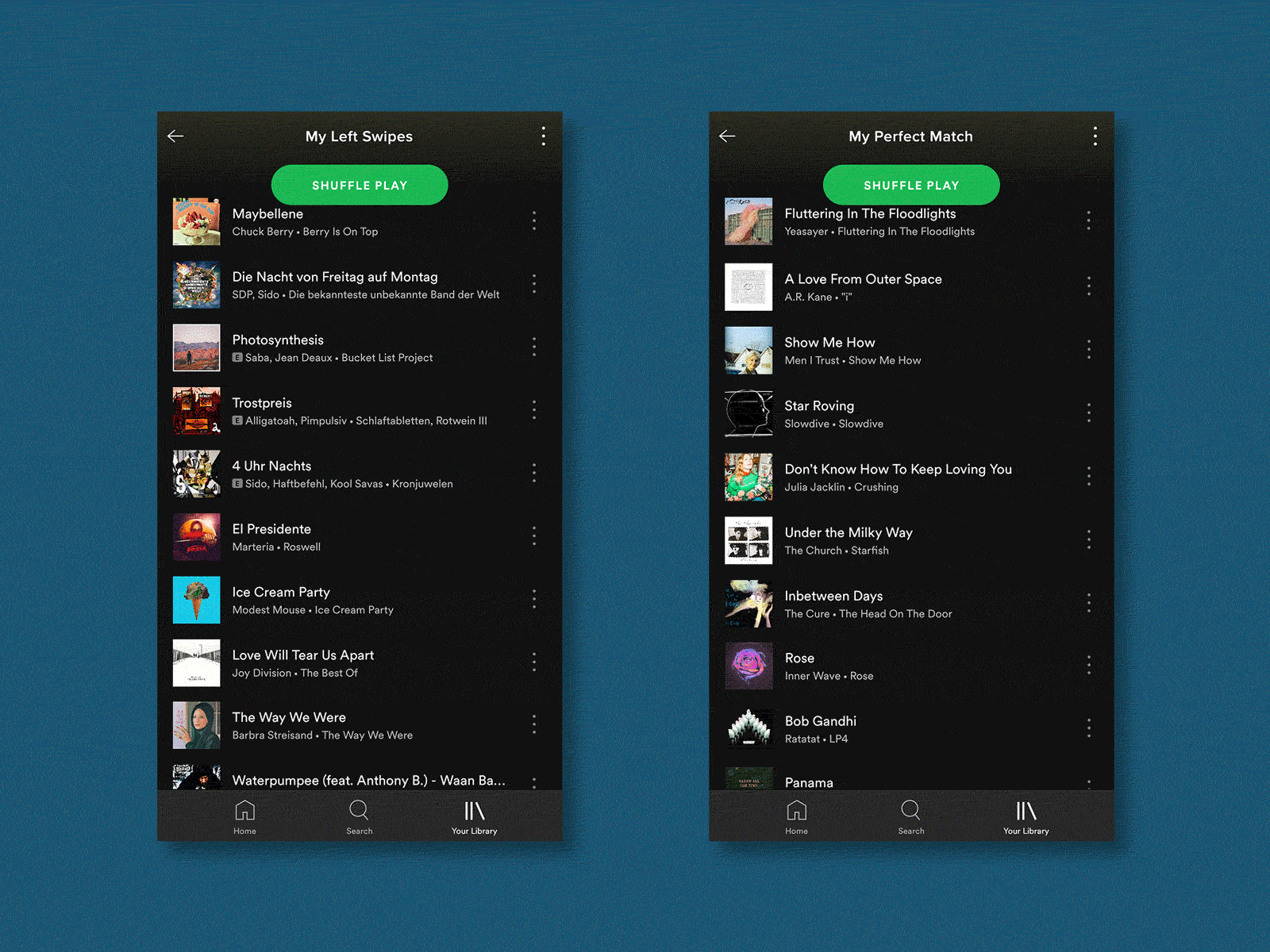 Two Moving GIFs showing Spotify playlists based of Tinder Anthems, titled “My Left Swipes” and “My Perfect Match”.