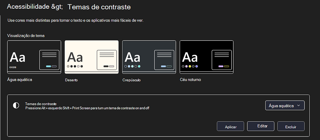 Imagem dos temas do Alto Contrast no Windows 11