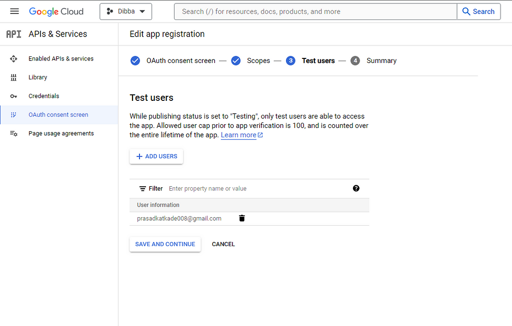 OAuth Consent Test Users Info Page