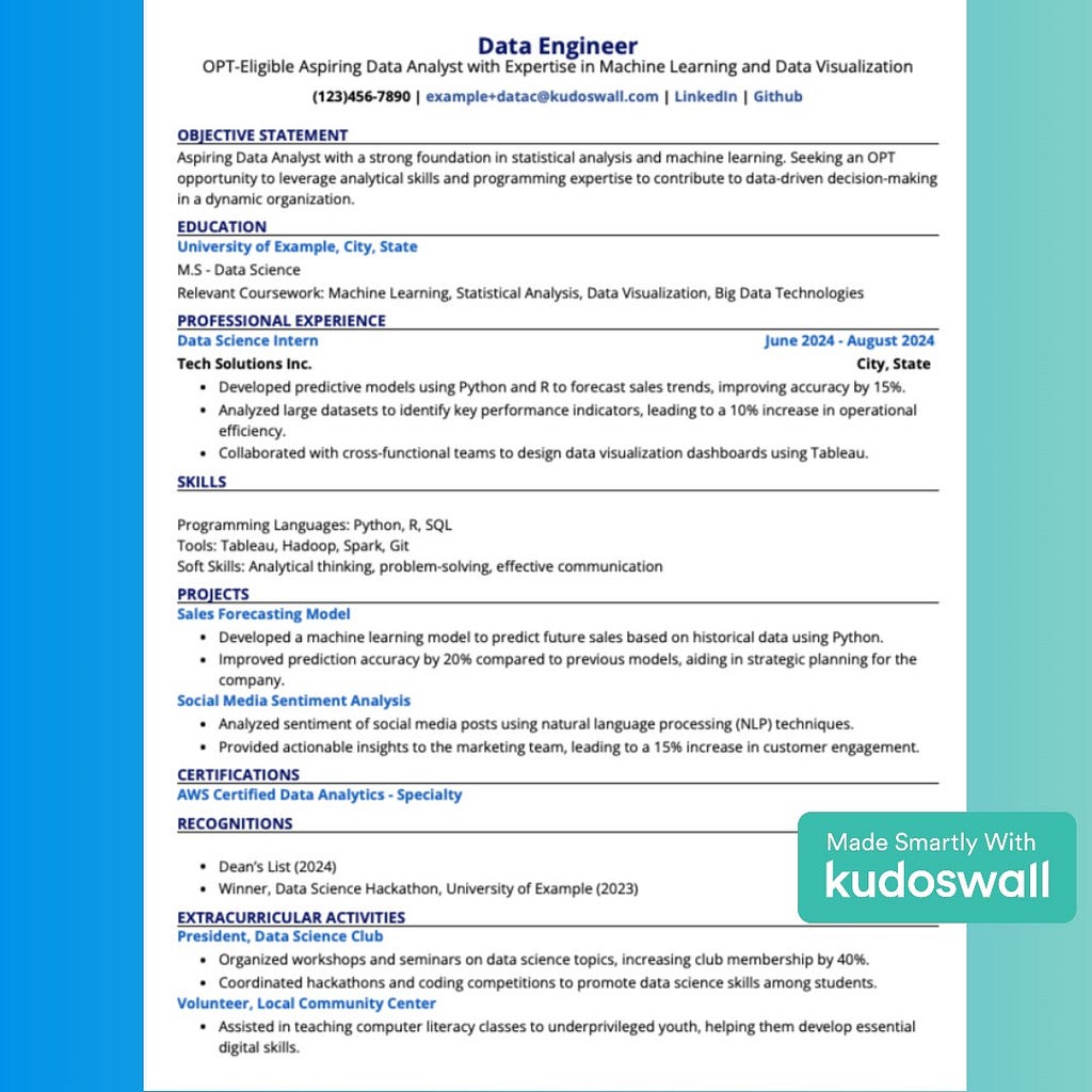 Example OPT Resume for Graduate Students in USA — KudosWall’s AI Resume Builder