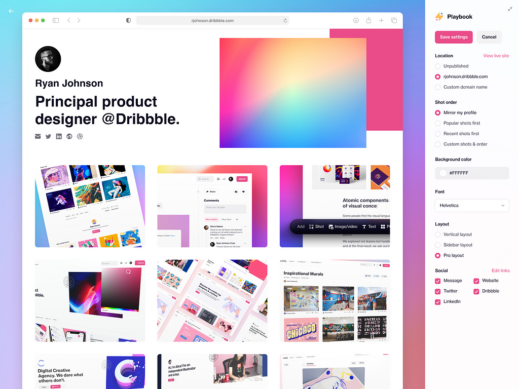 Dribbble playbook portfolio screens