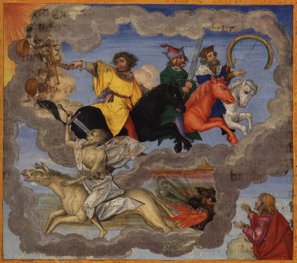 The Four Horsemen of the Apocalypse from the Ottheinrich-Bibel (ca.1530–1532) illustrated by Matthias Gerung.