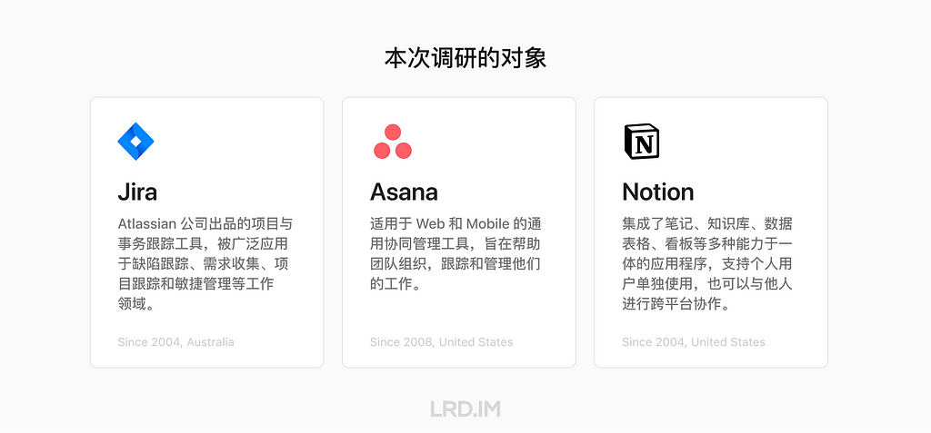 对三个调研对象：Jira、Asana、Notion 的介绍。