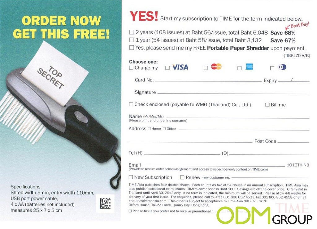 An old subscription form found in a newspaper where if you subscribe you get a free item upfront