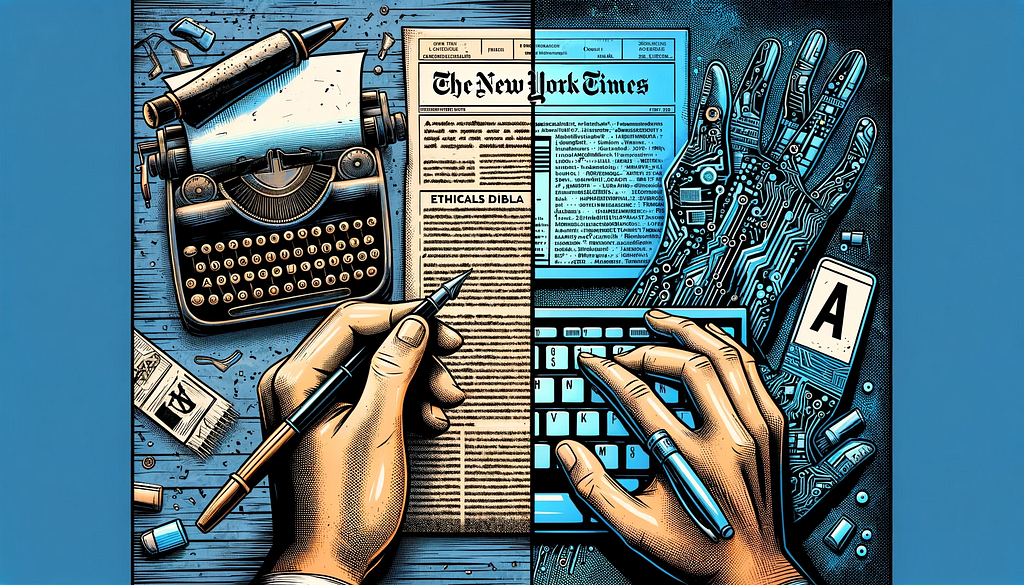 Split scene contrasting a traditional journalist with the New York Times in the background, and AI technology with digital elements.