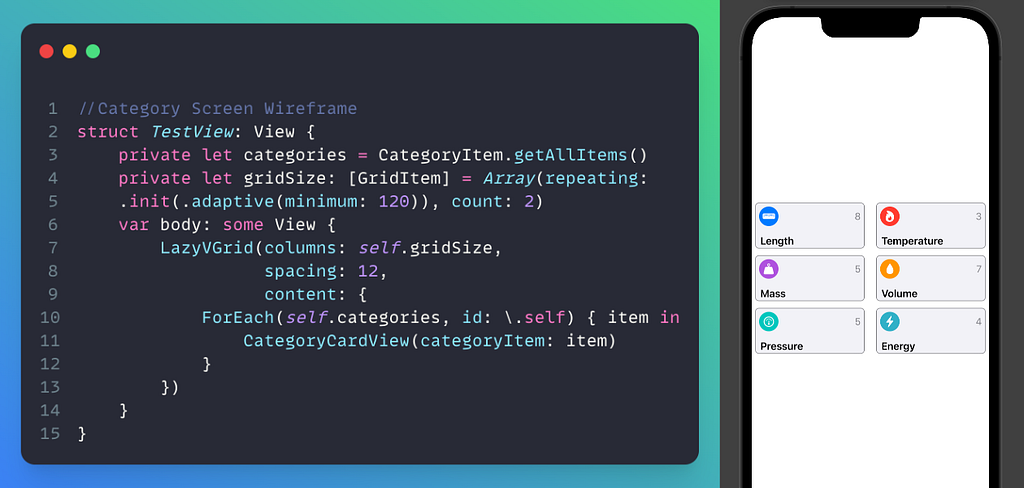 Code Snippet of the Category View updated to use the new Card View in place of the Text View.