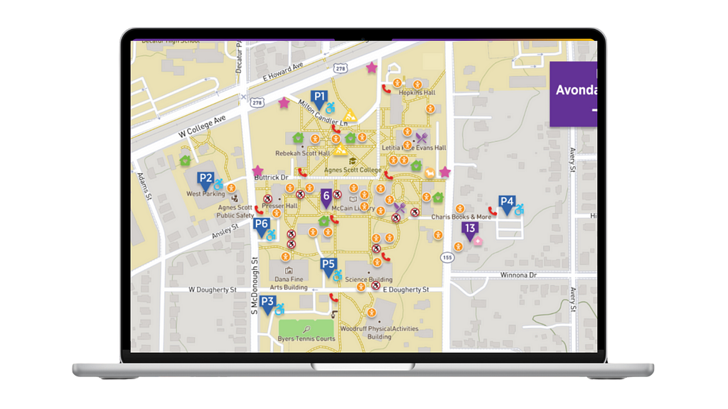 An image of the redesigned campus map featuring accessibility features such as accessible building entrances and alerts about walkways that are not wheelchair accessible.