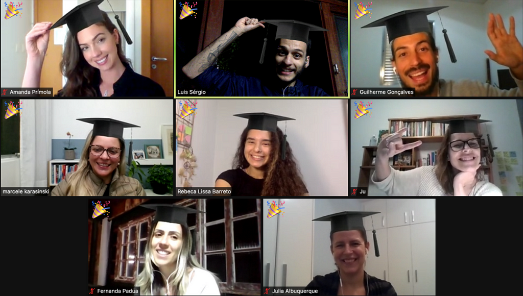 Eight people from our Brazil peer group with graduation hats as Zoom filters, celebrating the end of their journey together