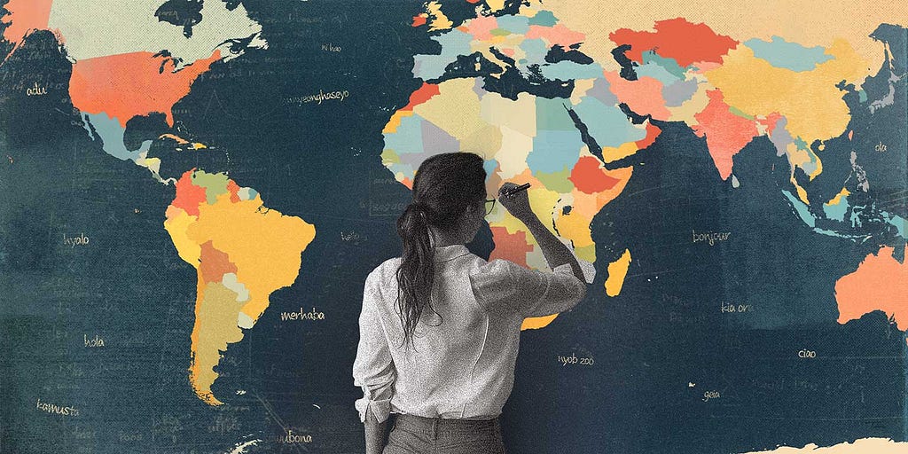 Woman stands in front of a chalkboard drawing of the world while translating different words.