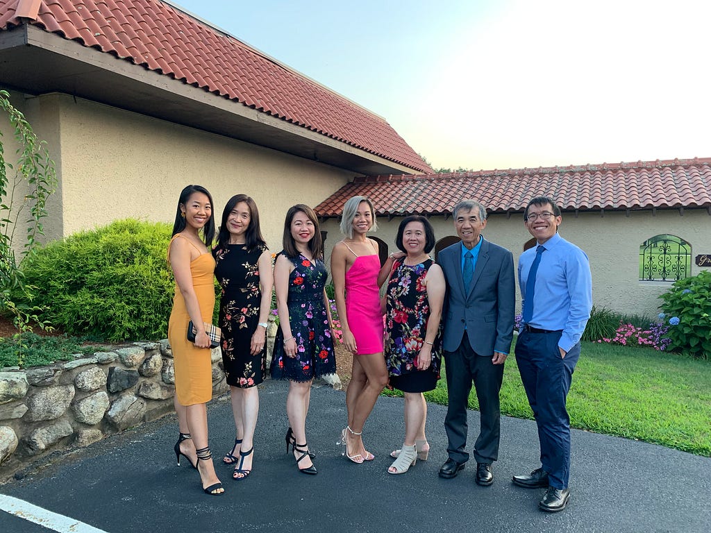 Family photo (2019). I’m the first one on the left, with my aunt by my side, followed by my sisters, parents, and brother.