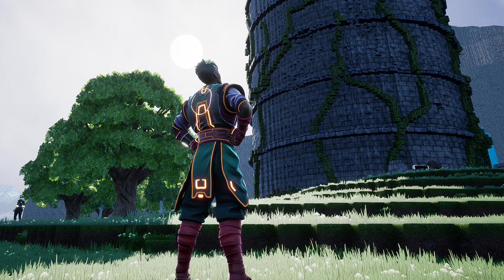 Outdoors, a character in fantasy0style clothing gazes up at a tall, cylindrical stone tower.