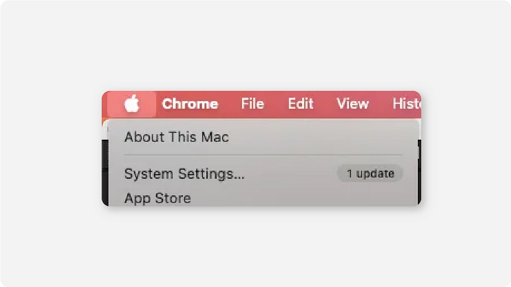 Apple menu on macOS with ‘About This Mac’ and other options displayed, indicating ‘1 update’ available in System Settings.