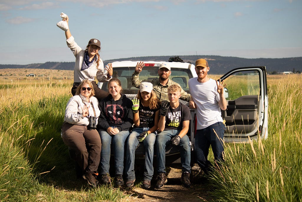 Youth Conservation Corp crew and leader, Refuge staff and a DFP intern all cooperated to band 2 juvenile greater Sandhill cranes on a morning in July 2019, including P400 (a banded juvenile).