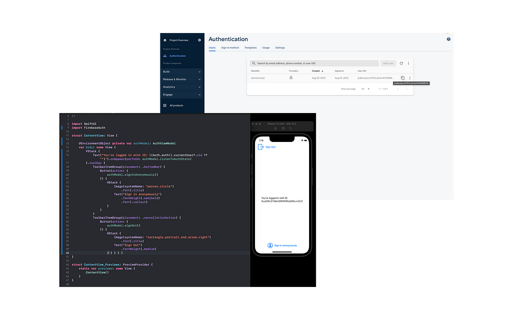 Screenshots of Xcode and the Firebase console, authenticate section