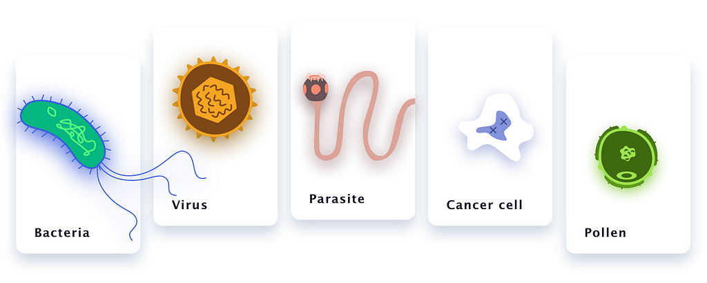 Different types of pathogens and antigens in your body such as bacteria, virus, parasite, cancer cell, and pollen