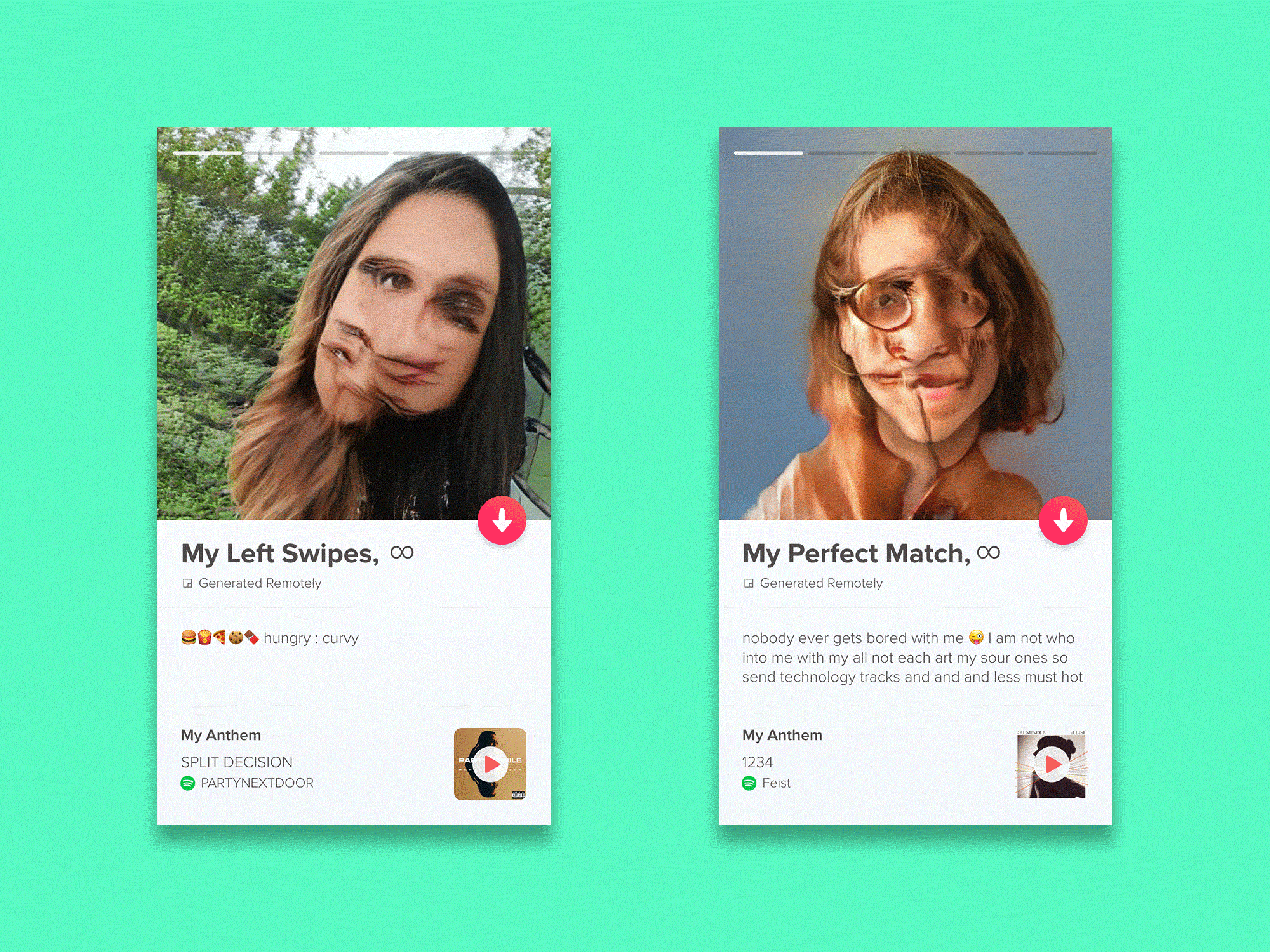 2 Moving GIFs showing Tinder profiles containing abstract pictures and Bios, titled “My Left Swipes” and “My Perfect Match”.