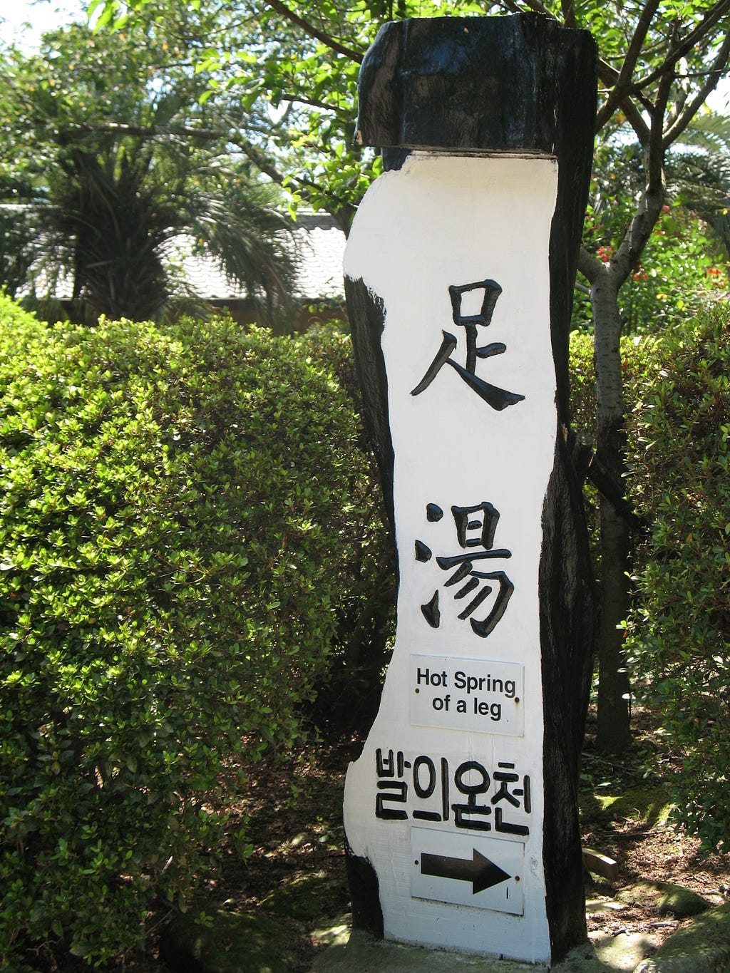 Photo of a standing wooden sign with an arrow pointing to the right. The wood is painted white. There are Japanese and Korean characters on it, as well as the English words “Hot Spring of a leg”.
