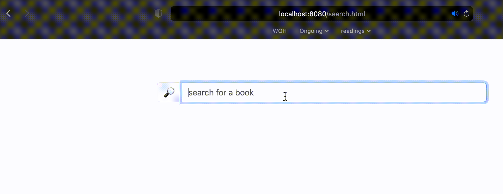 A gif of the sample book search , as text is entered into the search box, the URL is updated with an appended query string of the text entered into the search box. On click of the browser back button, the query portion (q=?) displays the user’s last typed word in the search box.