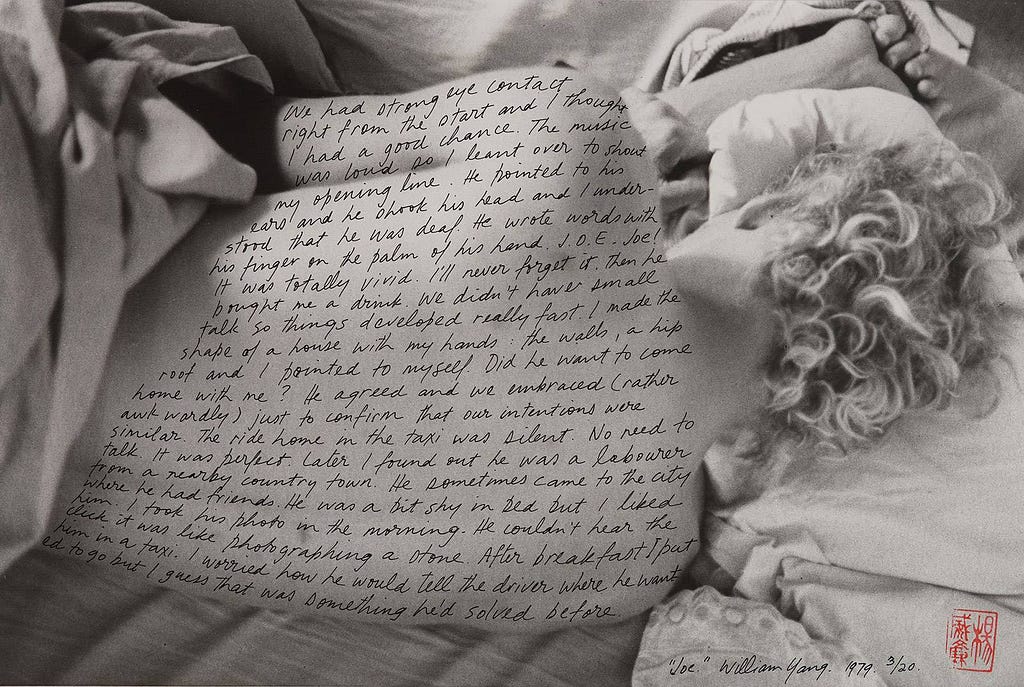 William Yang’s photo ‘Joe’, which depicts the back of a blonde man asleep in bed, with the story of their meeting written over the top.