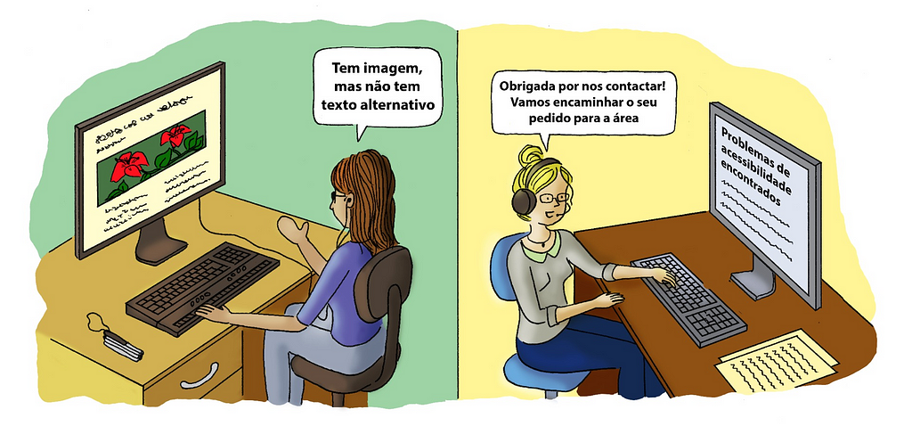 Ilustração de duas mulheres sentadas em mesa de trabalho, usando computador. Estão em ambientes diferentes, cada uma em uma lado da ilustração, separadas por uma linha no centro da imagem.