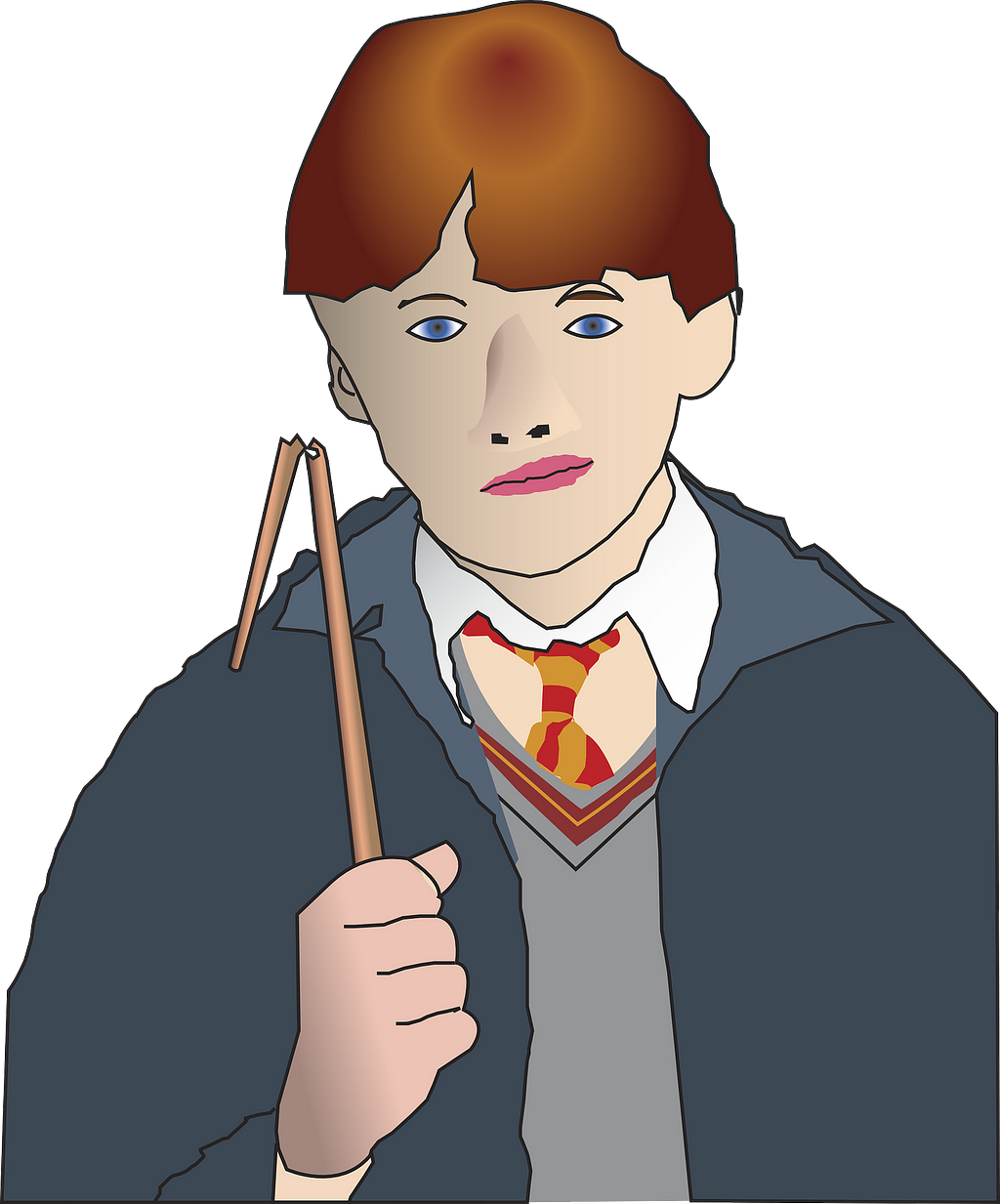 Crude illustration of Ron Weasley frowning with a broken wand.