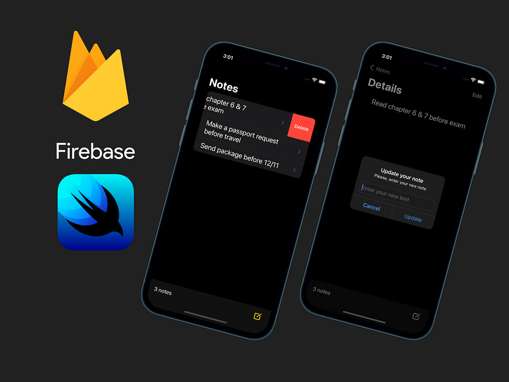 Firebase and SwiftUI logo with 2 iPhones screenshots