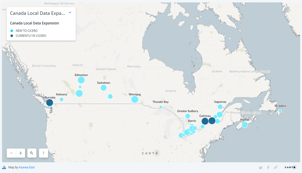 Map with points for the 54 largest cities in Canada