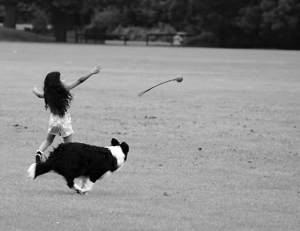 young girl playing ball with a dog in a field