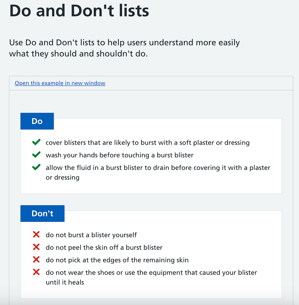 An example of the NHS’s ‘Do and Don’t lists’ categorised into a list of ‘Do’s’ and ‘Don’ts’ when treating a blister.