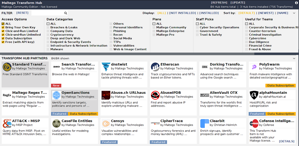 Screenshot of the Maltego Transform Hub interface displaying various OSINT tools and data categories for investigations.