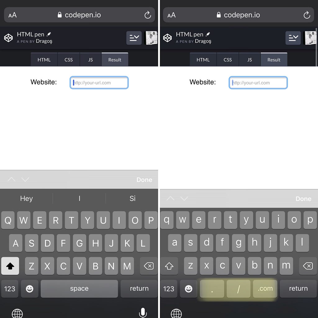 Side-by-side screenshots of the iOS on-screen generic keyboard, vs the URL specific keyboard