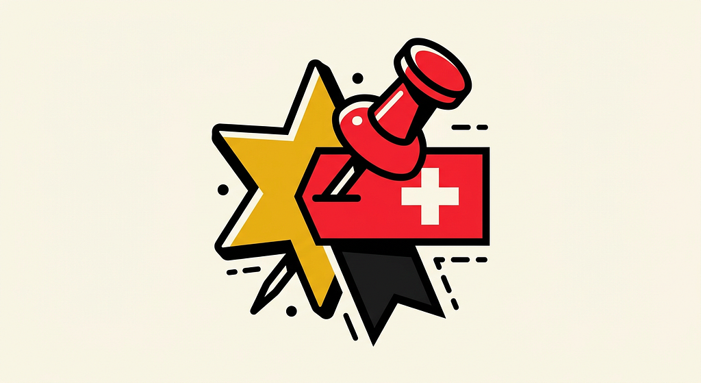 A mash-up of icons: star, pin, bookmark, cross