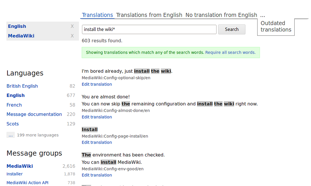 The MediaWiki Translate search screen: a query field, a count of 603 results found, and a left-hand filter panel listing languages and message groups with a number beside each.