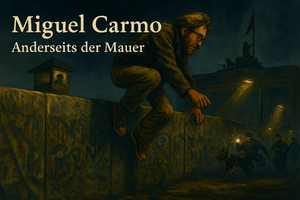 Silhouette of a young man climbing the Berlin Wall at night, with East and West Berlin in contrast.