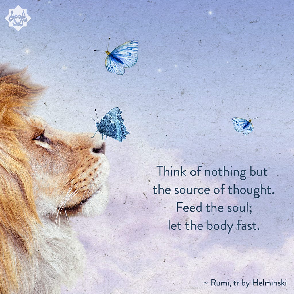 Lion looks at blue butterflies in flight and one on it’s nose, text reads: Think of nothing but the source of thought. Feed the soul; let the body fast.